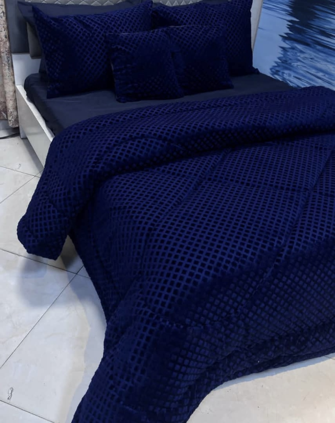 سرویس روتختی مخمل لانه زنبوری دو نفره رنگ سورمه ای